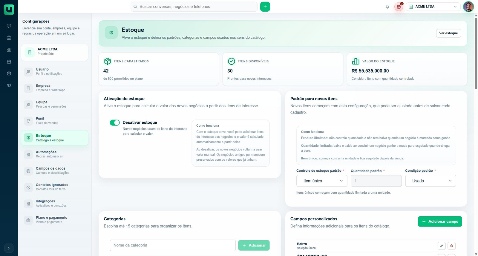 Configurações > Estoque: padrões para novos itens