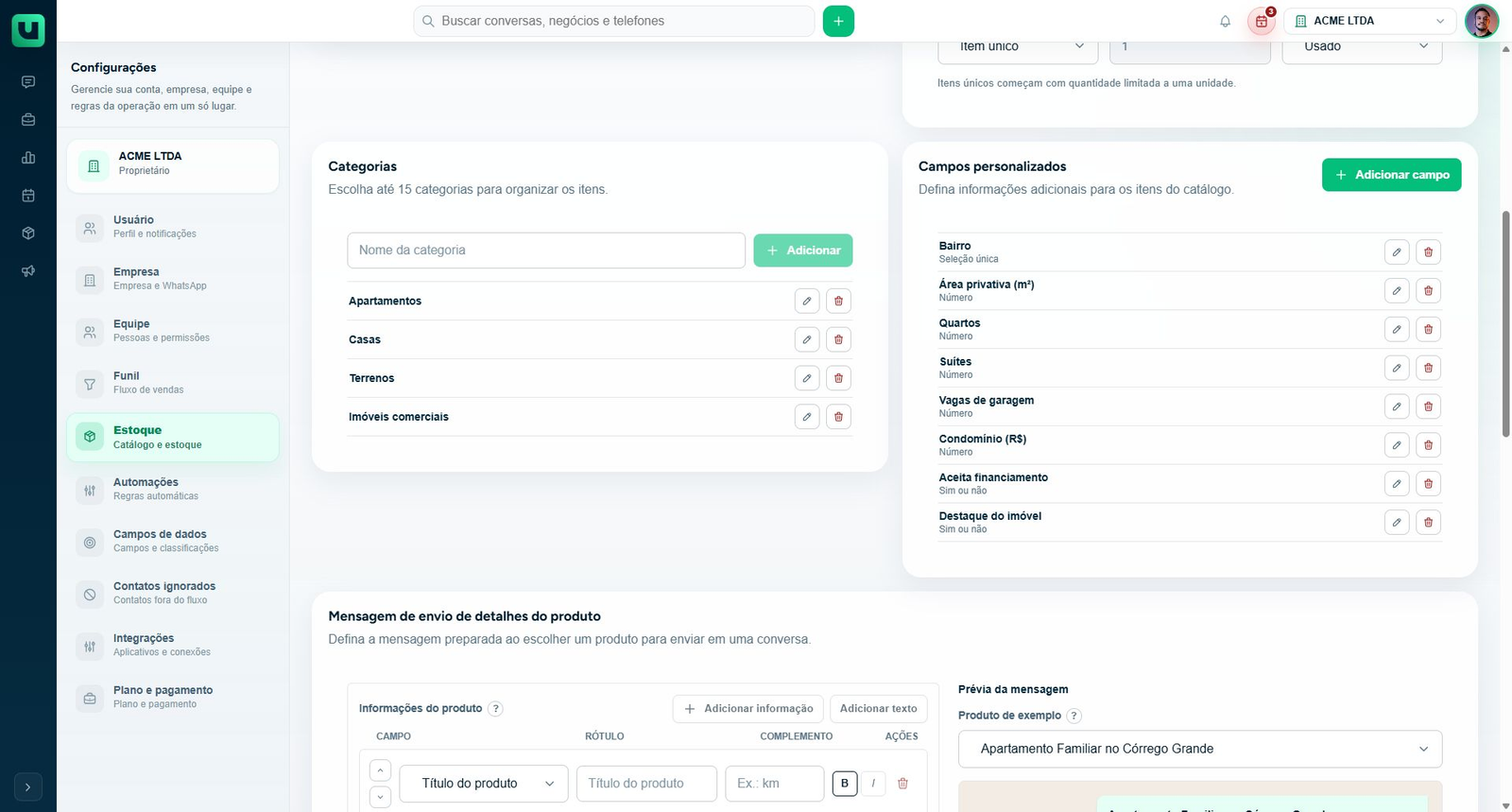 Configurações > Estoque: categorias existentes
