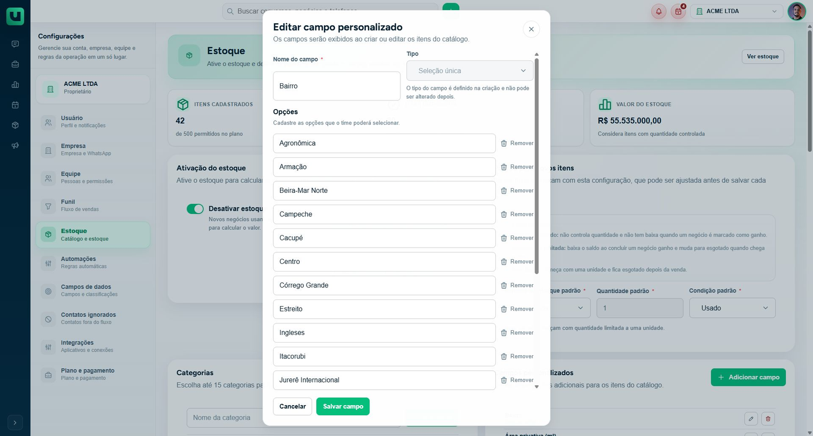 Editor do campo Bairro do Estoque com tipo Seleção única desabilitado e lista de opções existentes