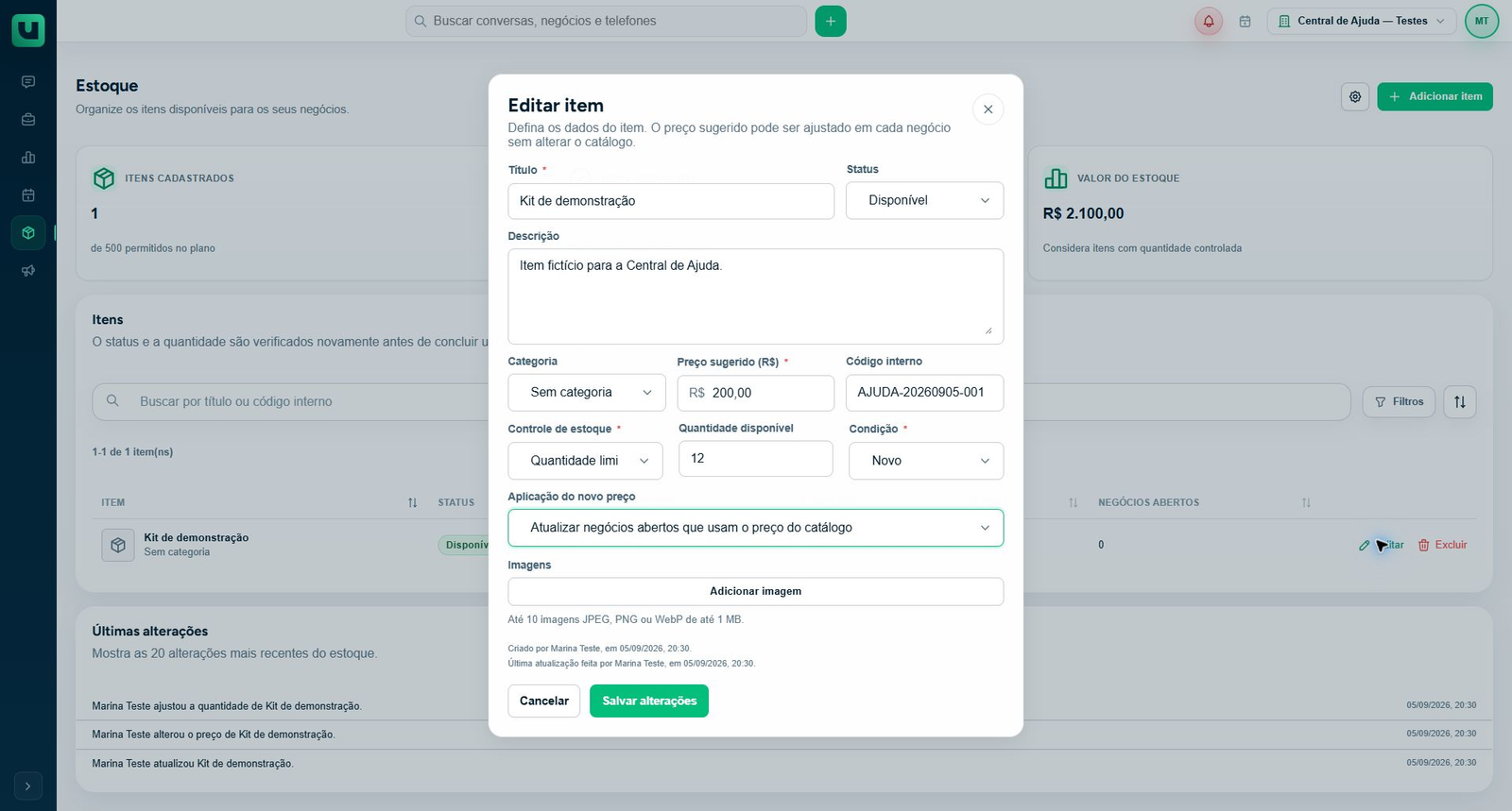 Editor de item com Aplicação do novo preço visível