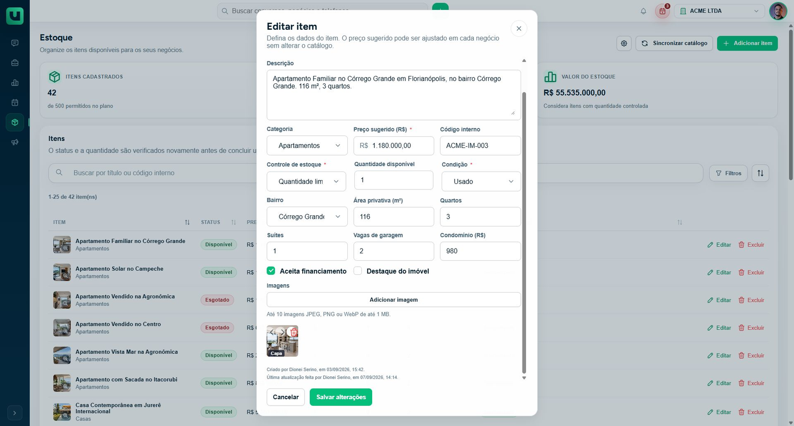 Editor de item existente com criação e última atualização