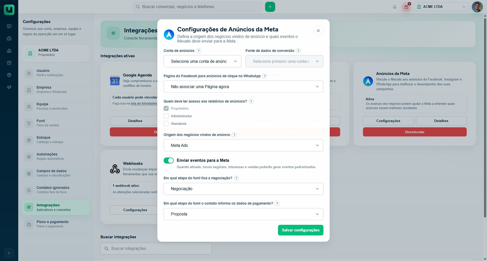 Configuração existente de origens e eventos de conversão