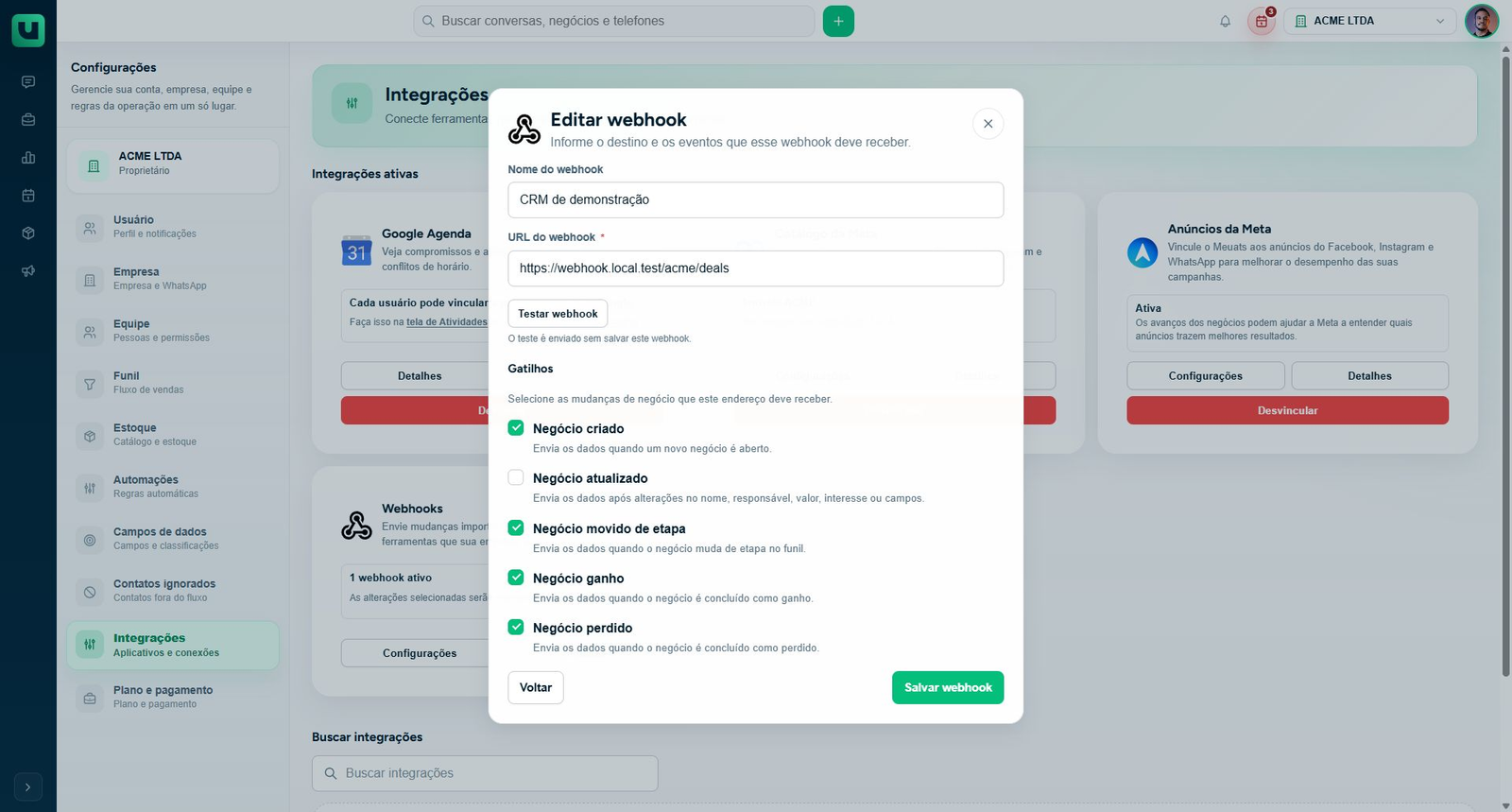 Editor de webhook existente