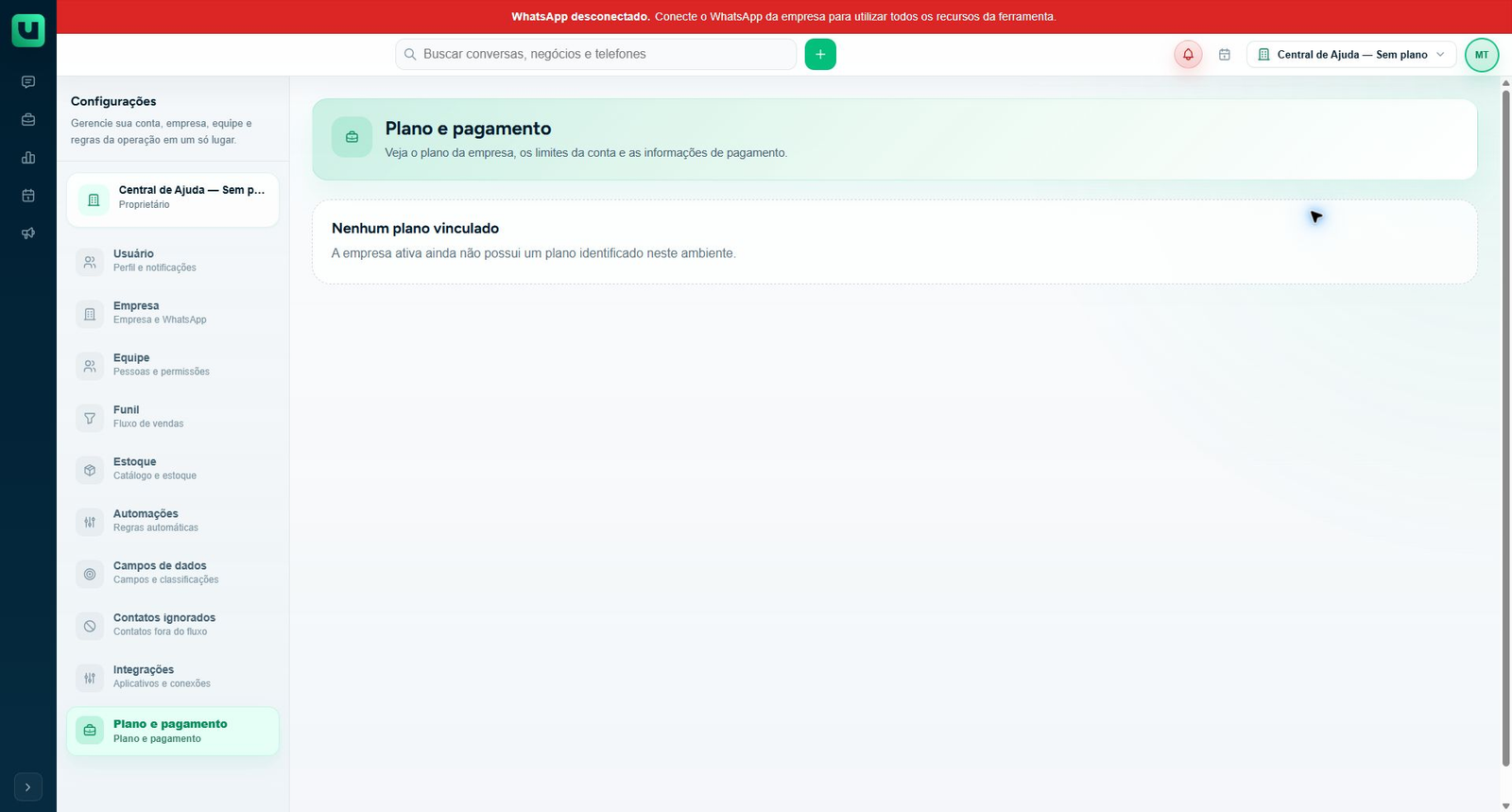 Plano e pagamento com a mensagem Nenhum plano vinculado