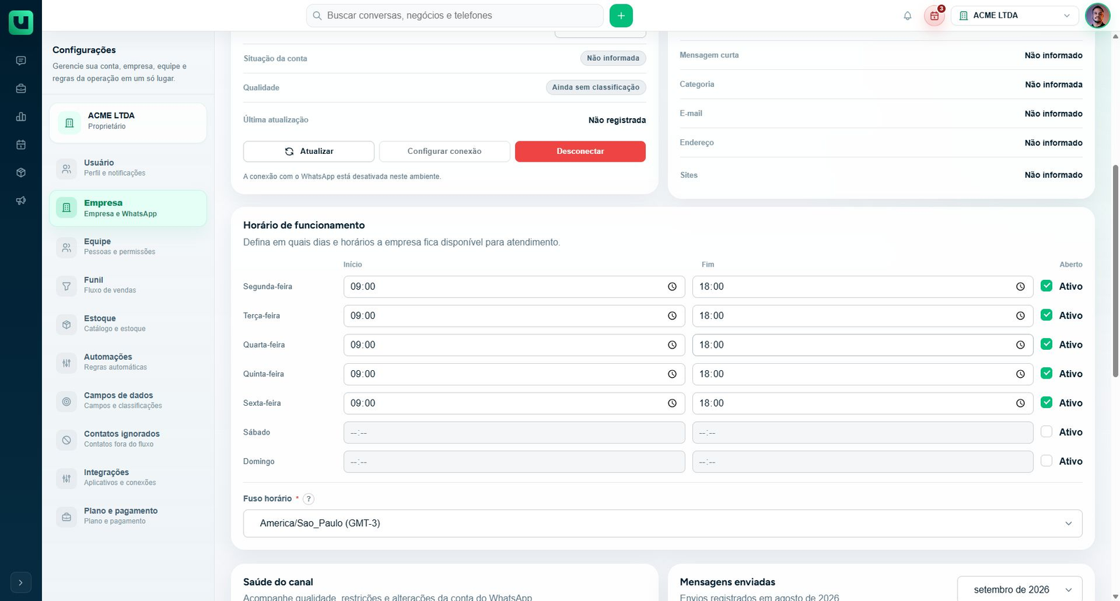 Configurações > Empresa: fuso e horário de funcionamento