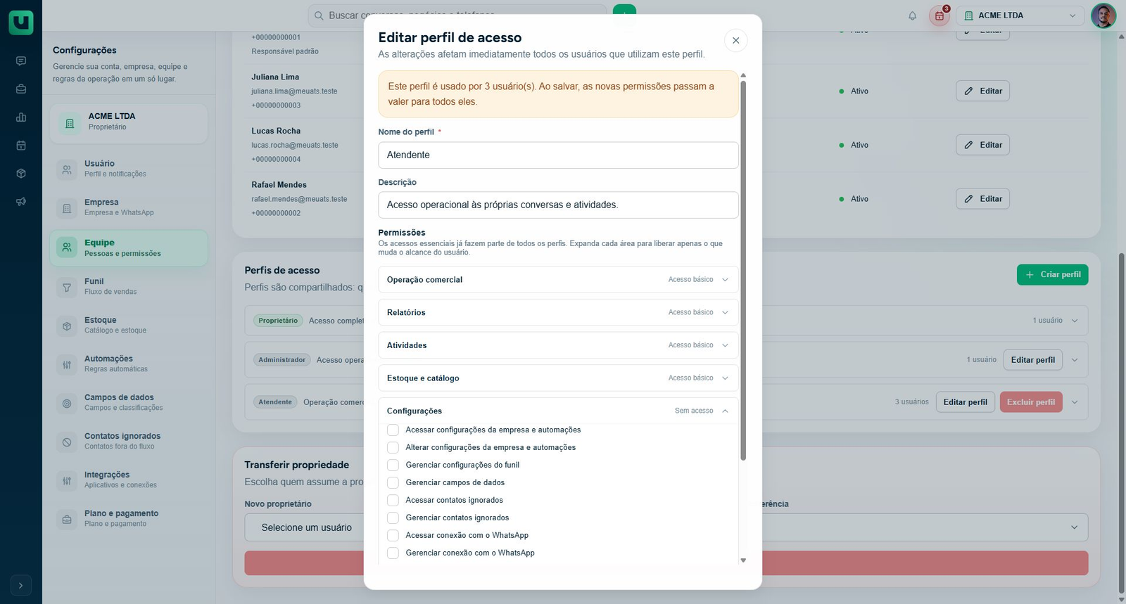 Configurações > Equipe: edição de perfil com permissões