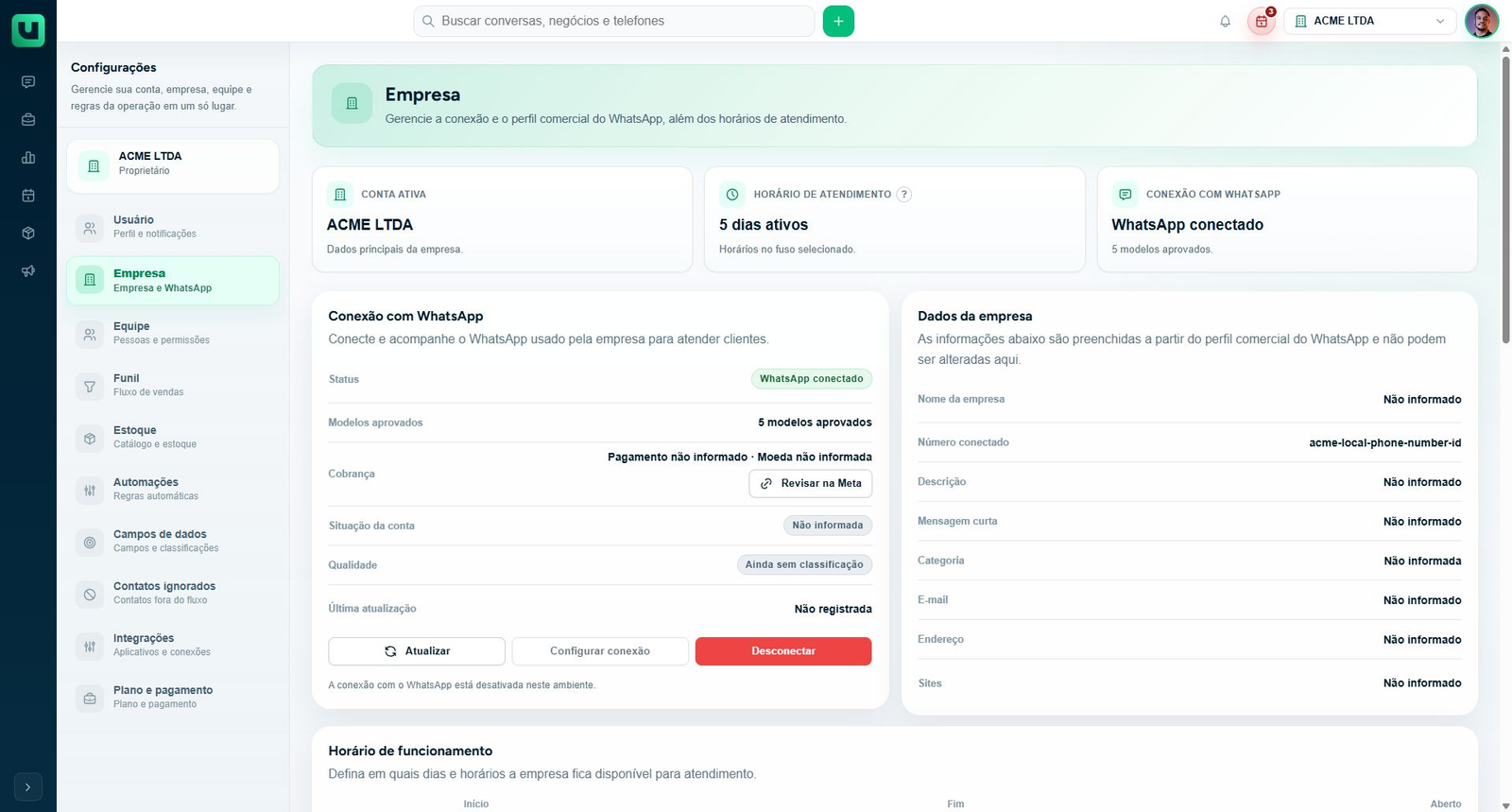 Configurações > Empresa: dados comerciais sincronizados