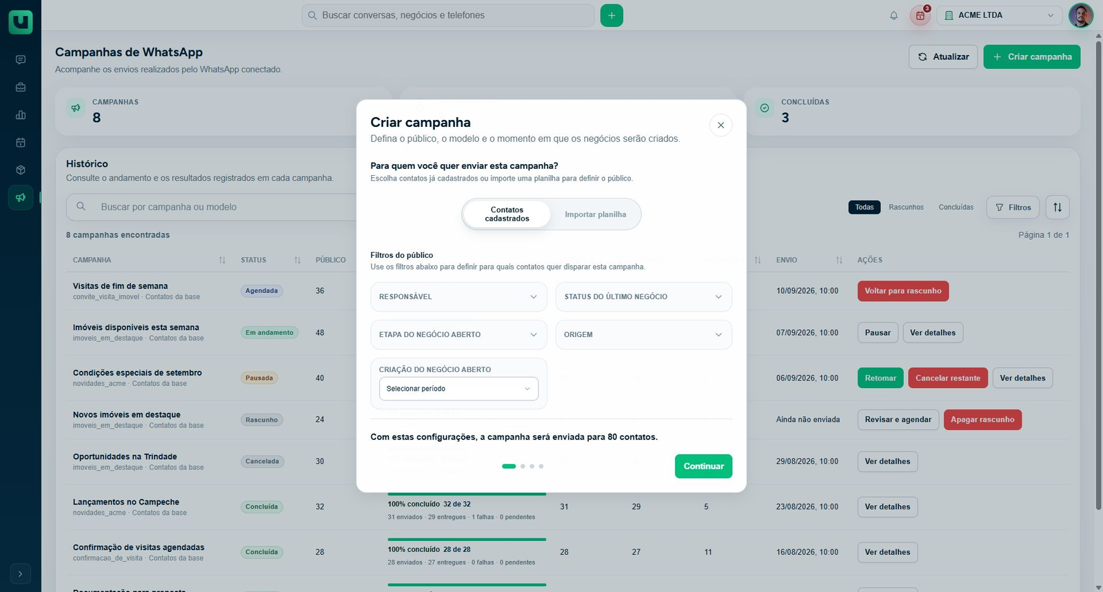 Criação de campanha com filtros de público e contagem de contatos