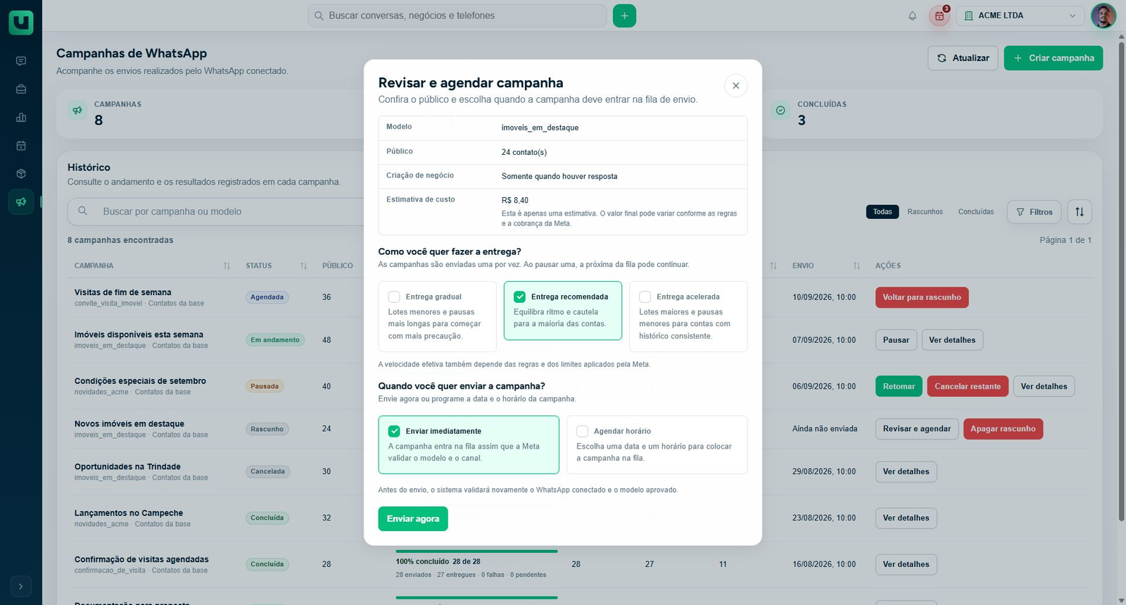 Campanha em revisão: resumo anterior ao agendamento