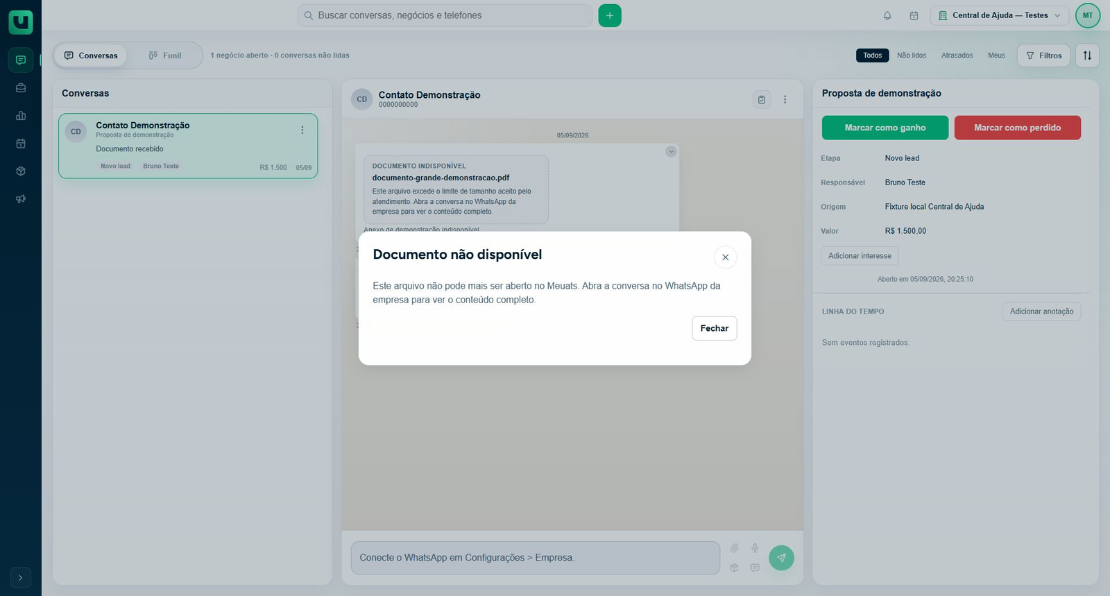Aviso Documento não disponível em uma conversa de teste