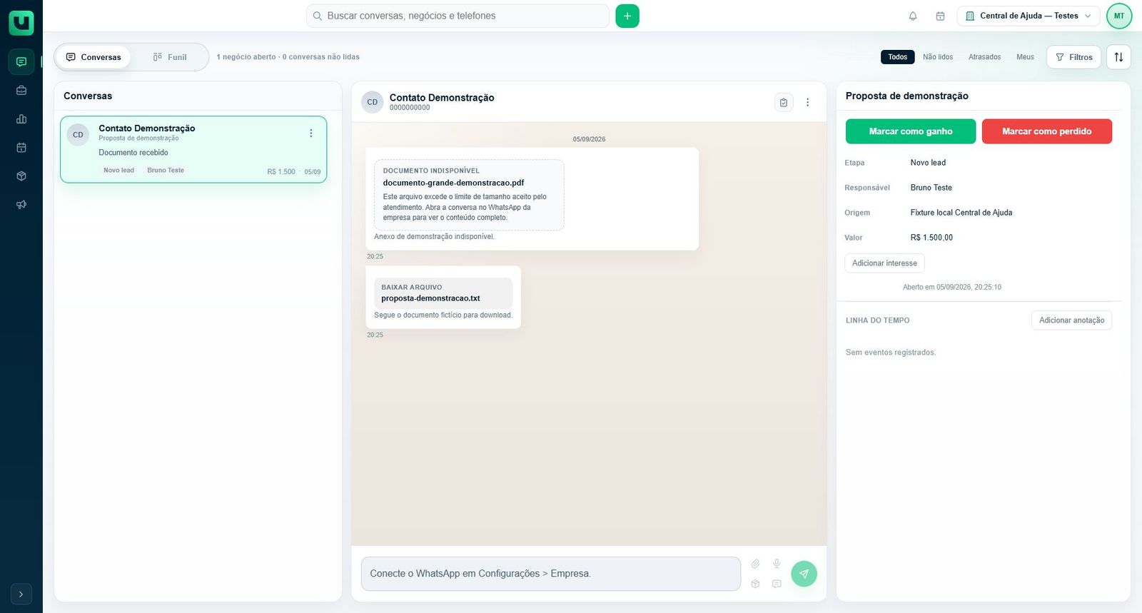 Conversa de demonstração com um documento disponível para baixar e outro indisponível no Meuats