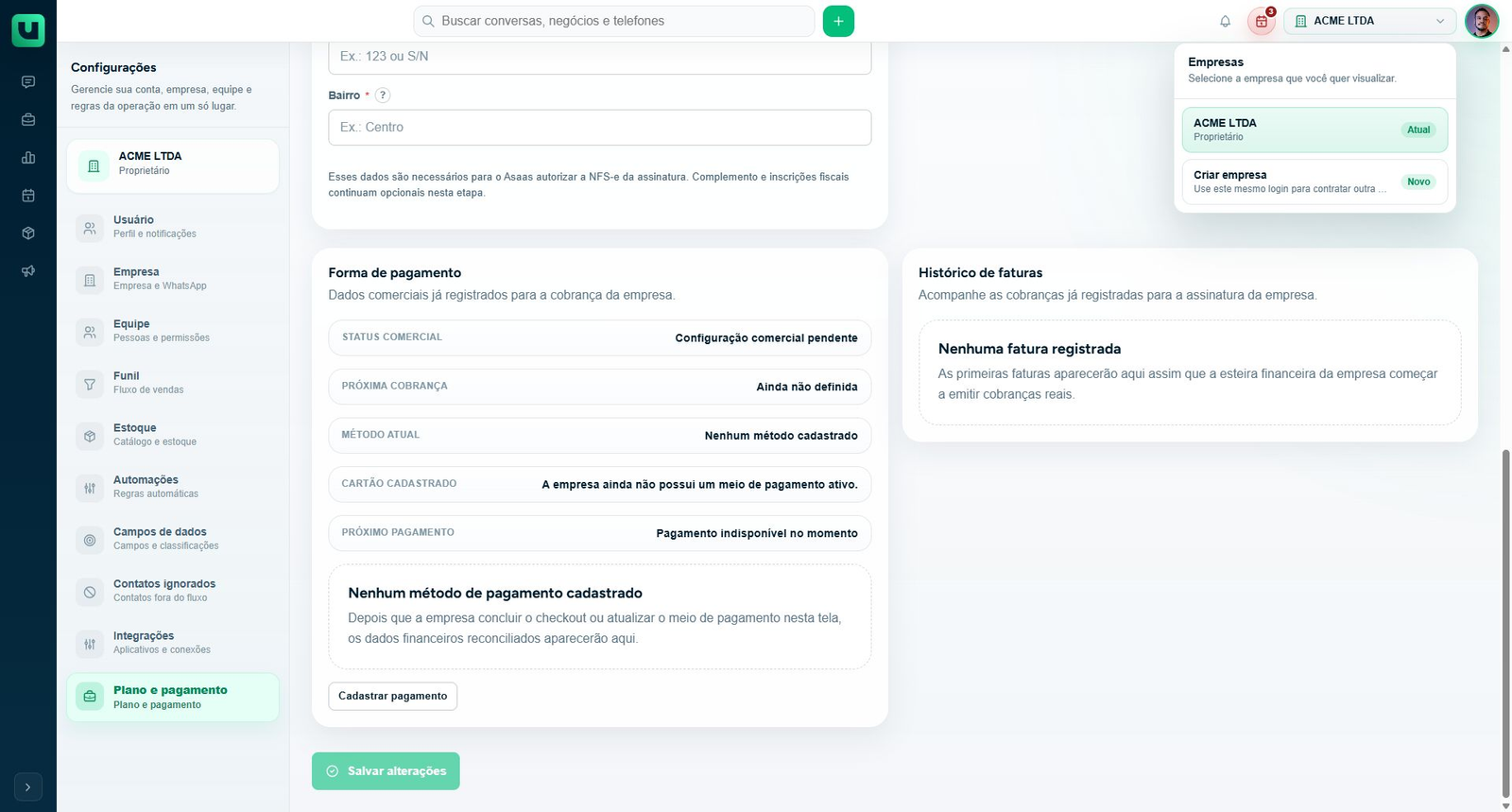 Seletor Empresa ativa aberto com empresas e Criar empresa