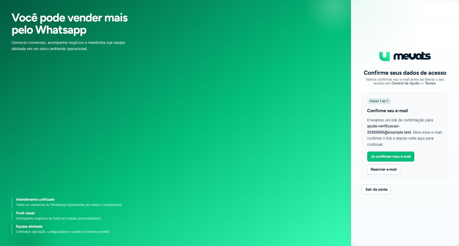 Confirmação de e-mail com Já confirmei meu e-mail e Reenviar e-mail