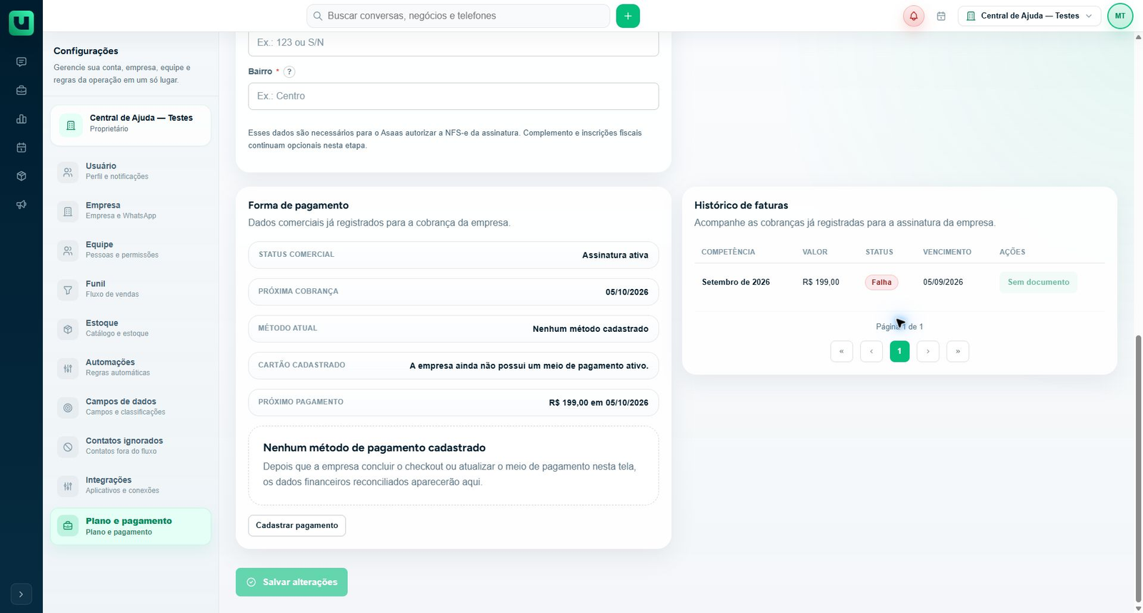 Histórico de faturas com status Falha e seção Forma de pagamento