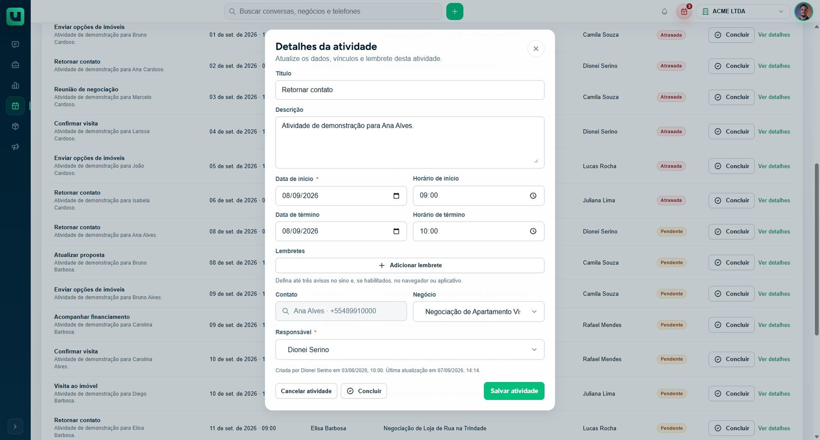 Detalhes de uma atividade com datas, horários e responsável