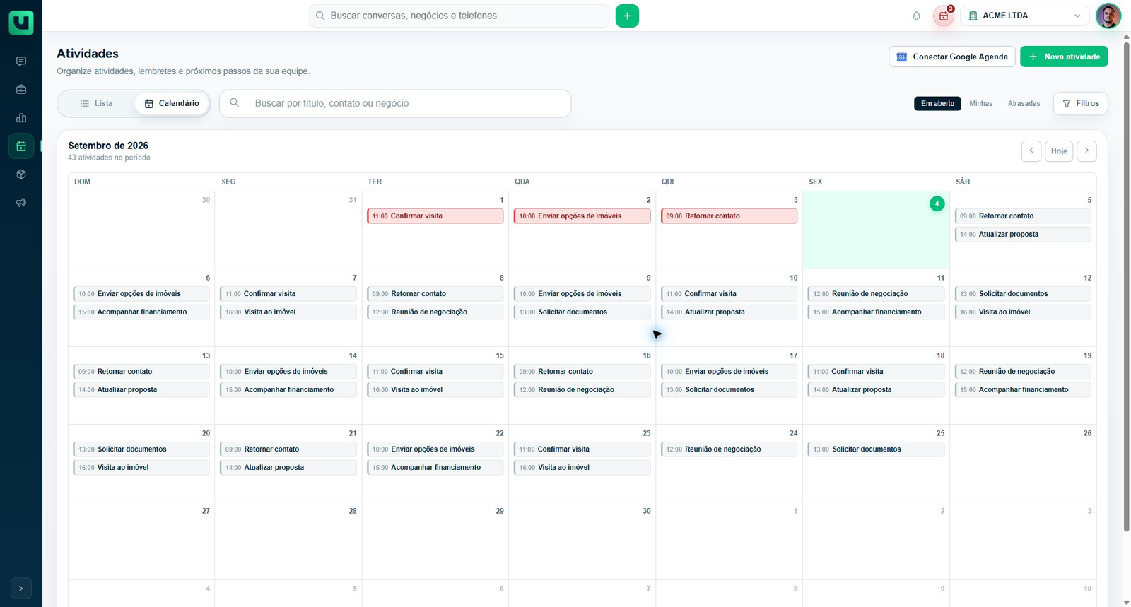 Calendário de atividades no meuats