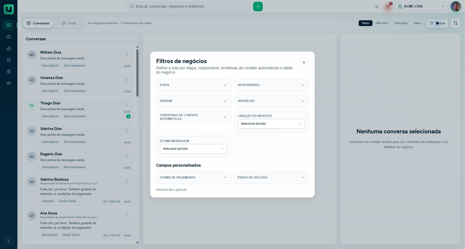 Filtros disponíveis na tela de Atendimento do meuats