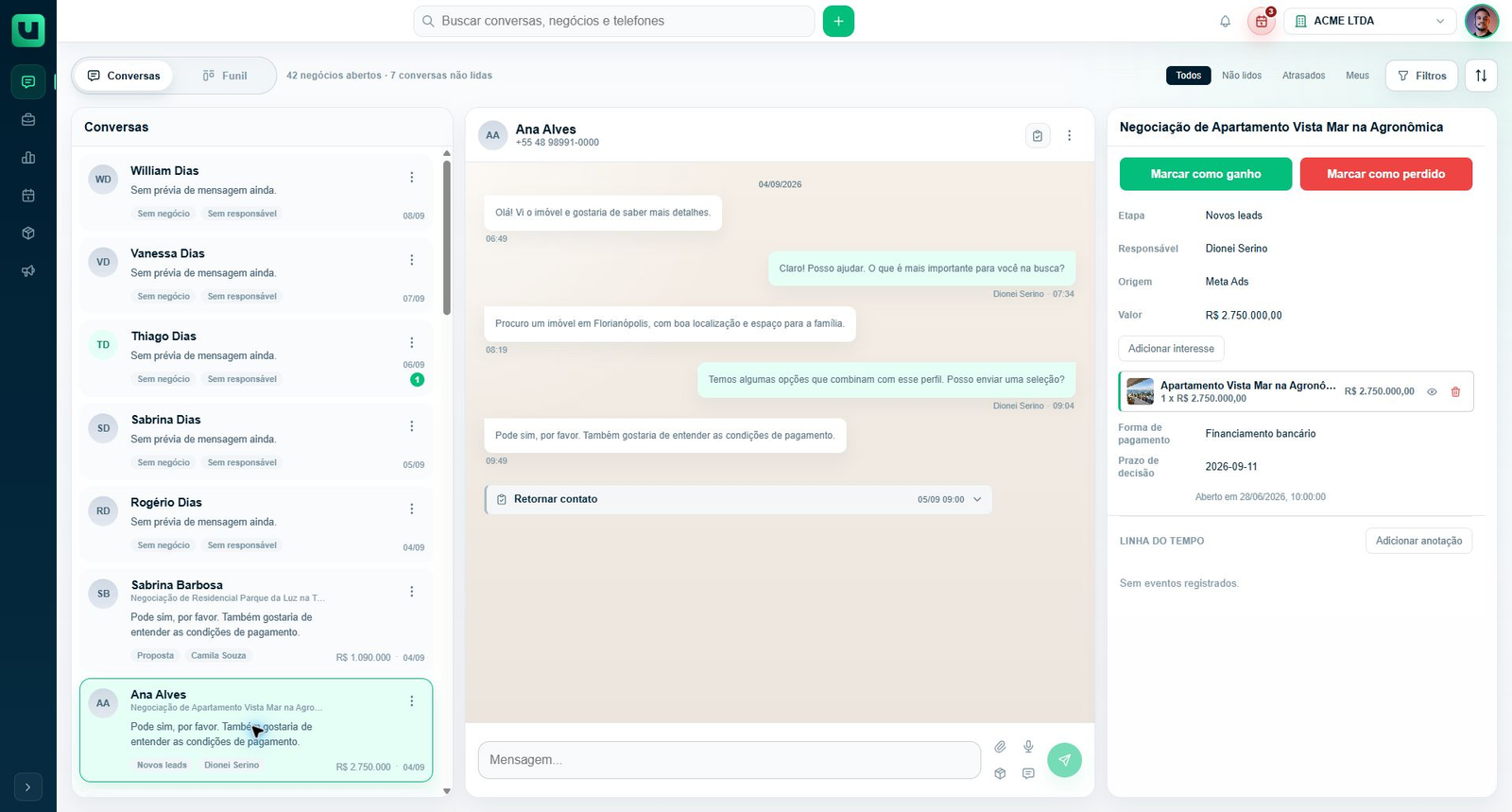 Painel de negócio aberto a partir de uma conversa no meuats