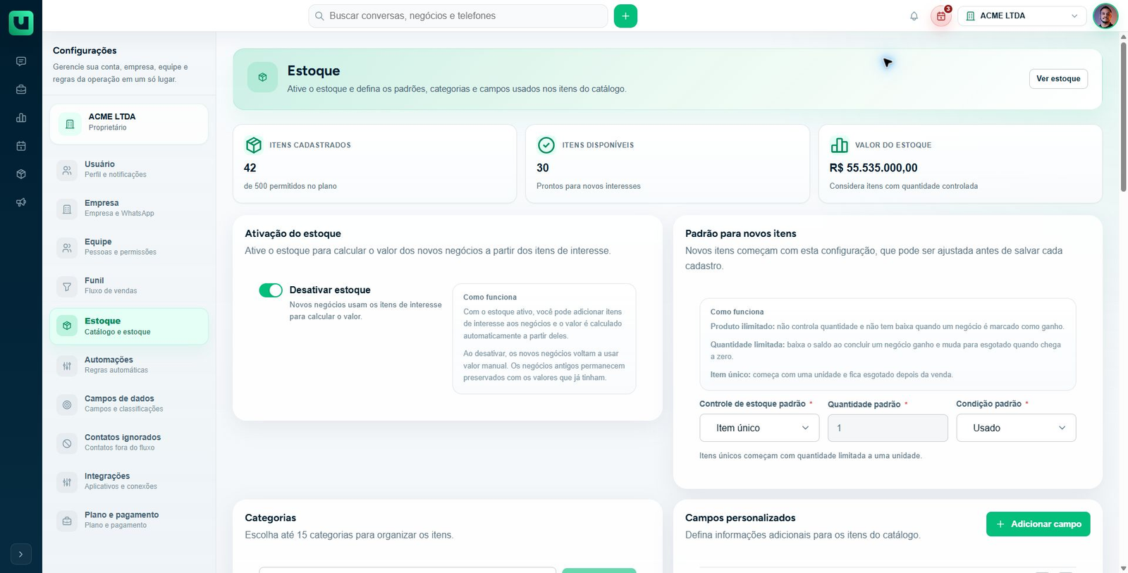 Configurações do Estoque no meuats