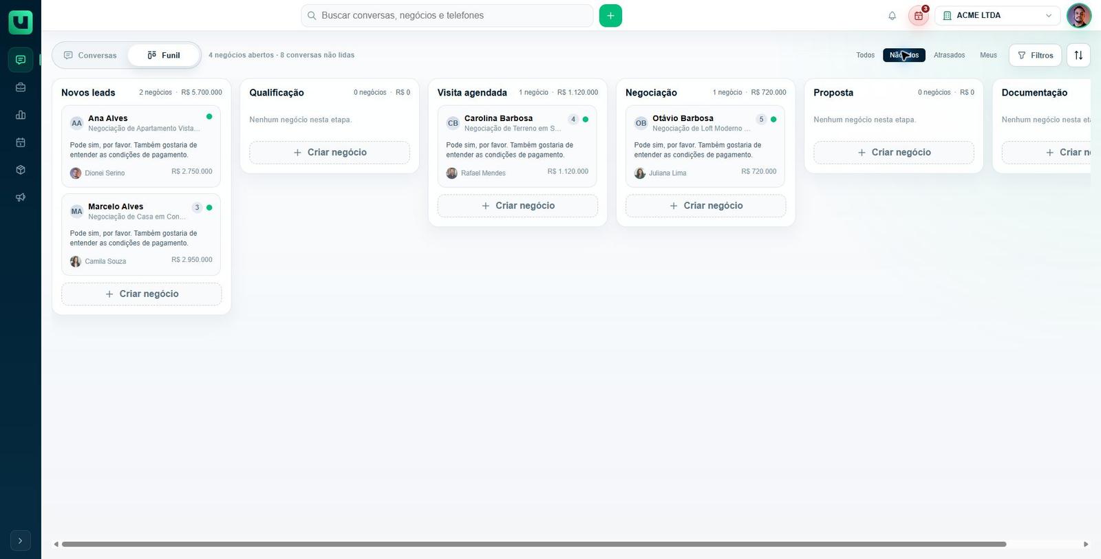 Filtro de conversas não lidas no funil