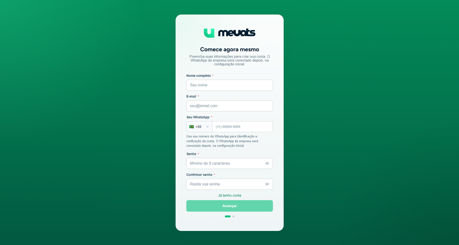 Formulário de criação de conta no meuats