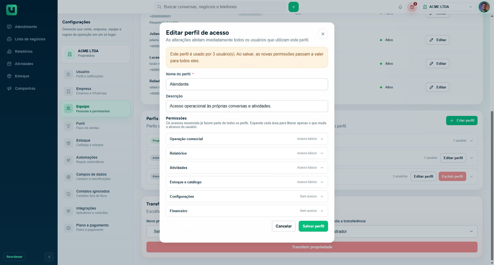 Seção Perfis de acesso com as ações de editar e excluir perfil