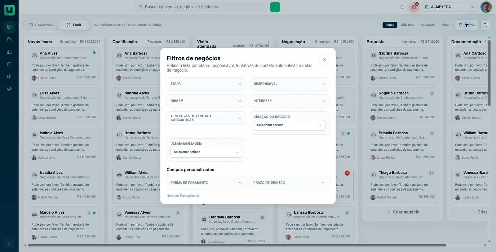 Painel de filtros de negócios no atendimento