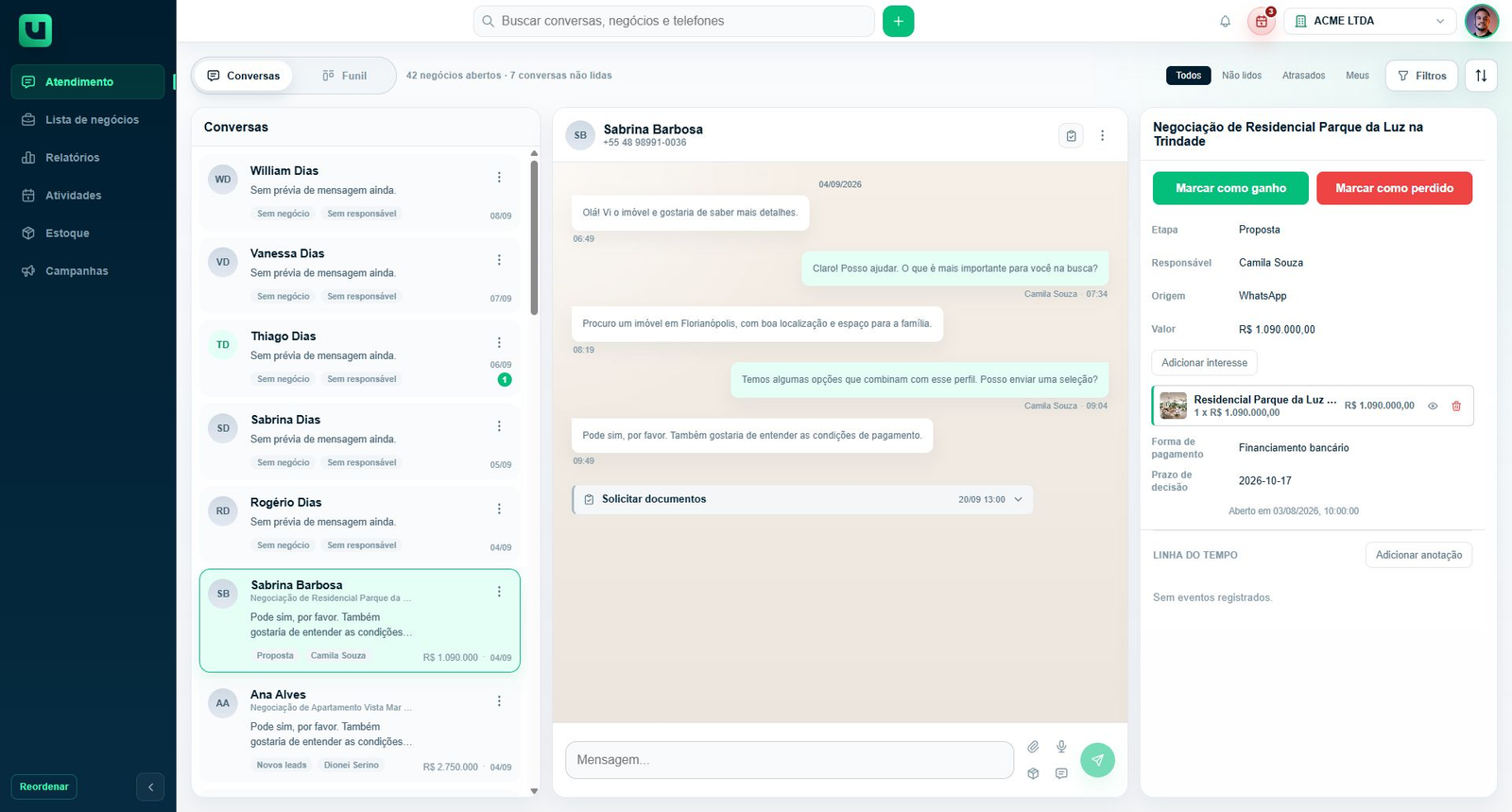 Conversa selecionada no atendimento, com o campo para enviar mensagem