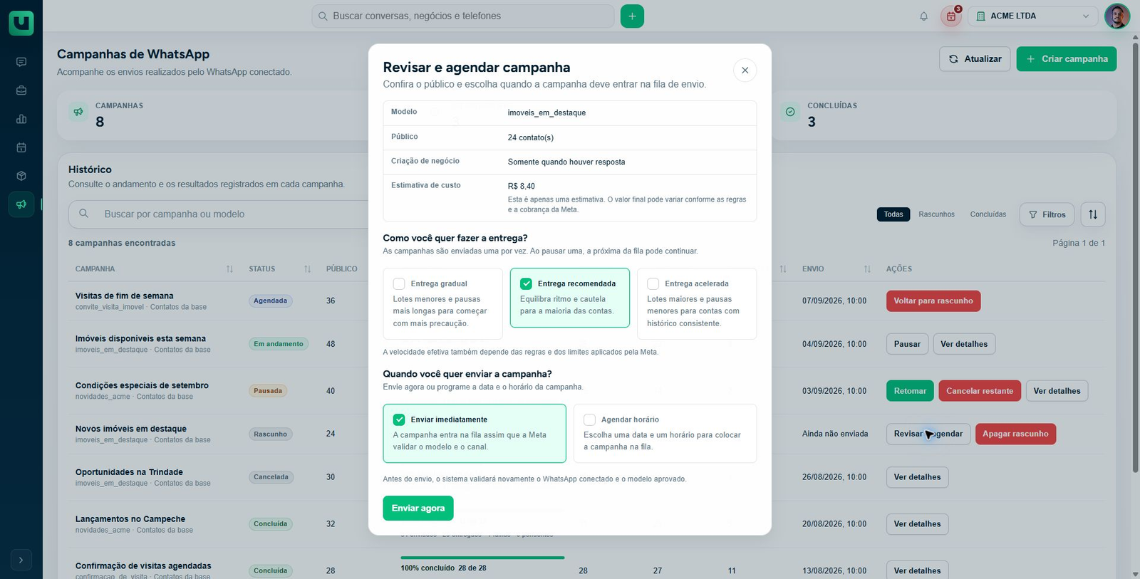 Etapa Revisar e agendar campanha com público, modelo e estimativa de custo antes do envio