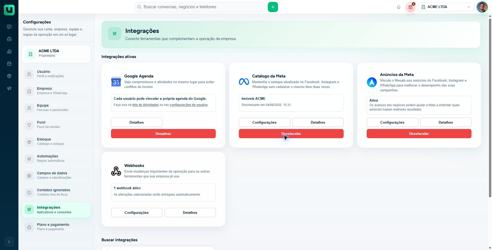 Tela de Integrações com Anúncios da Meta e Webhooks
