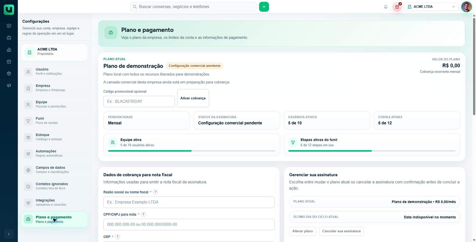 Tela Plano e pagamento com plano atual, status da assinatura e limites de usuários e etapas