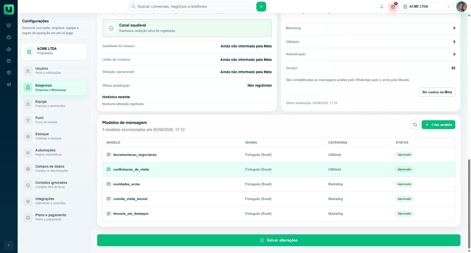 Configurações da empresa com horários por dia e seletor de fuso horário