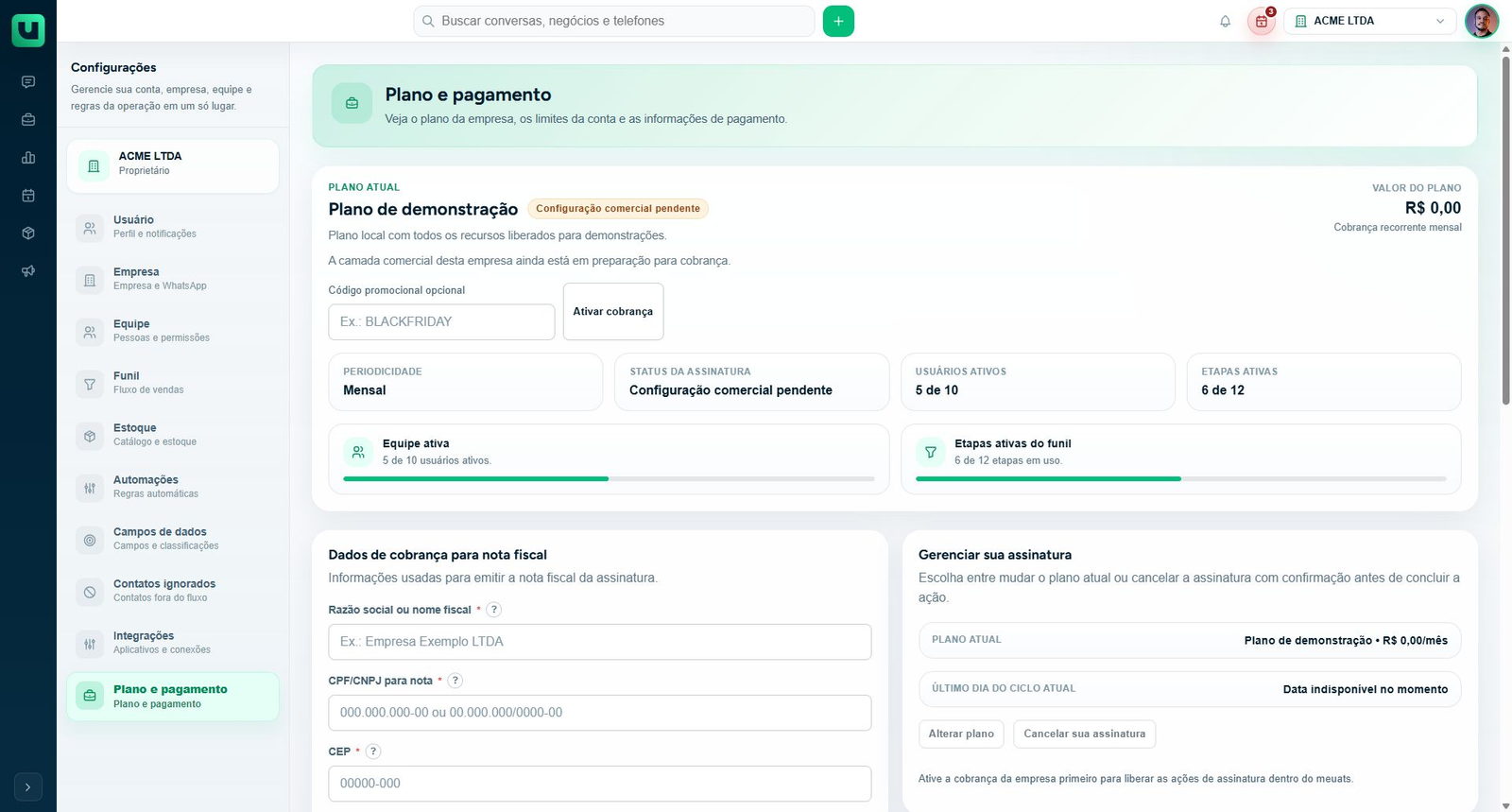 Tela Plano e pagamento com informações da assinatura da empresa