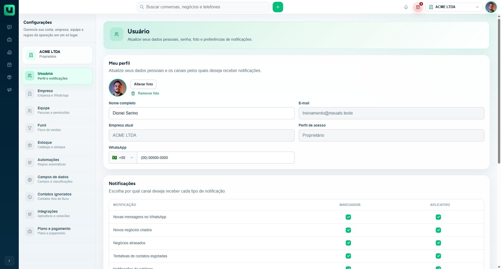 Tabela de preferências de notificação para navegador e aplicativo em Configurações do usuário