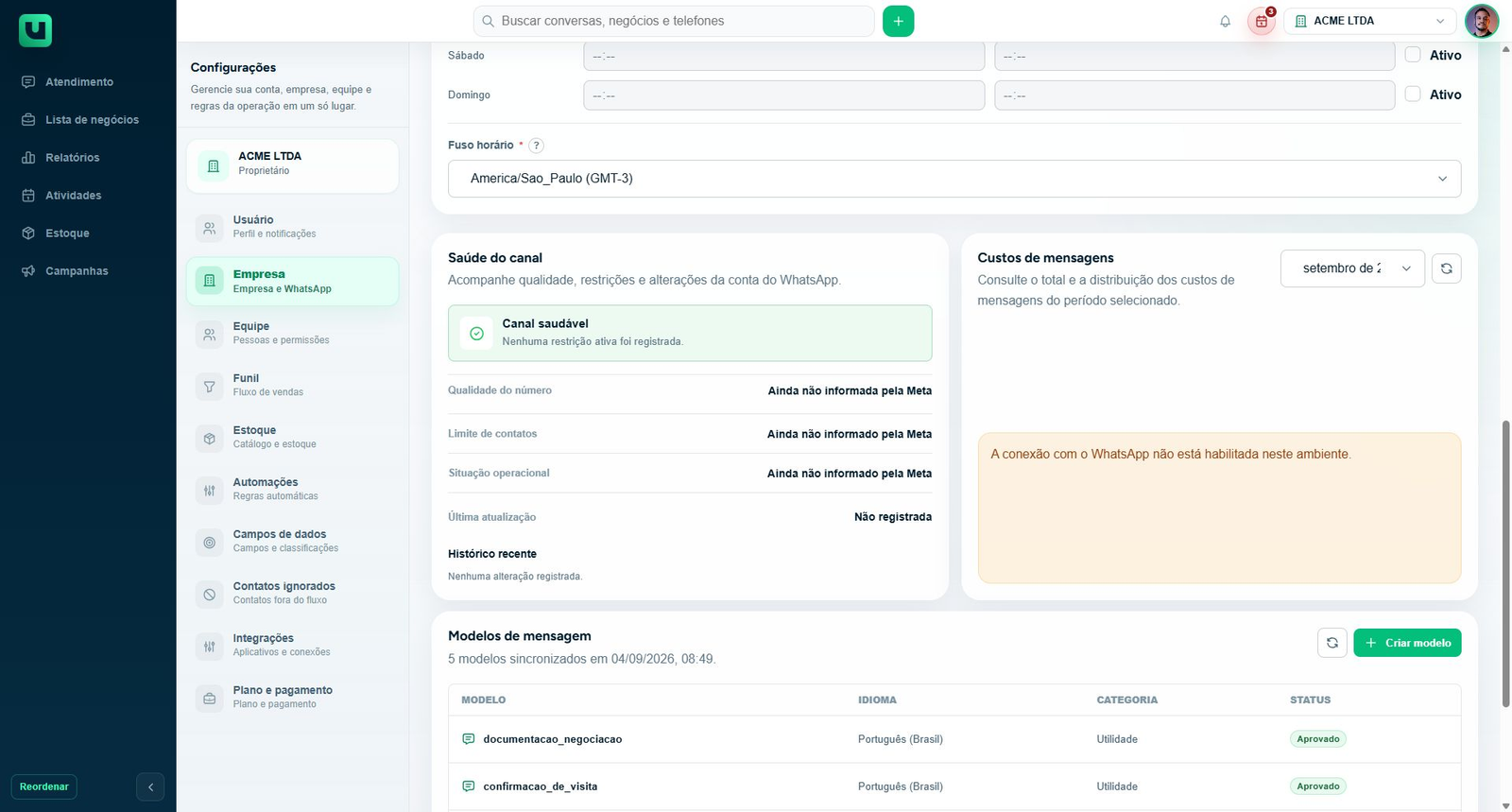 Lista de modelos de mensagem aprovados nas configurações da empresa