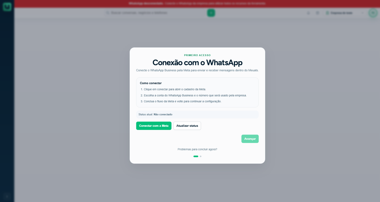 Tela de primeiro acesso para conectar o WhatsApp oficial pela Meta no meuats