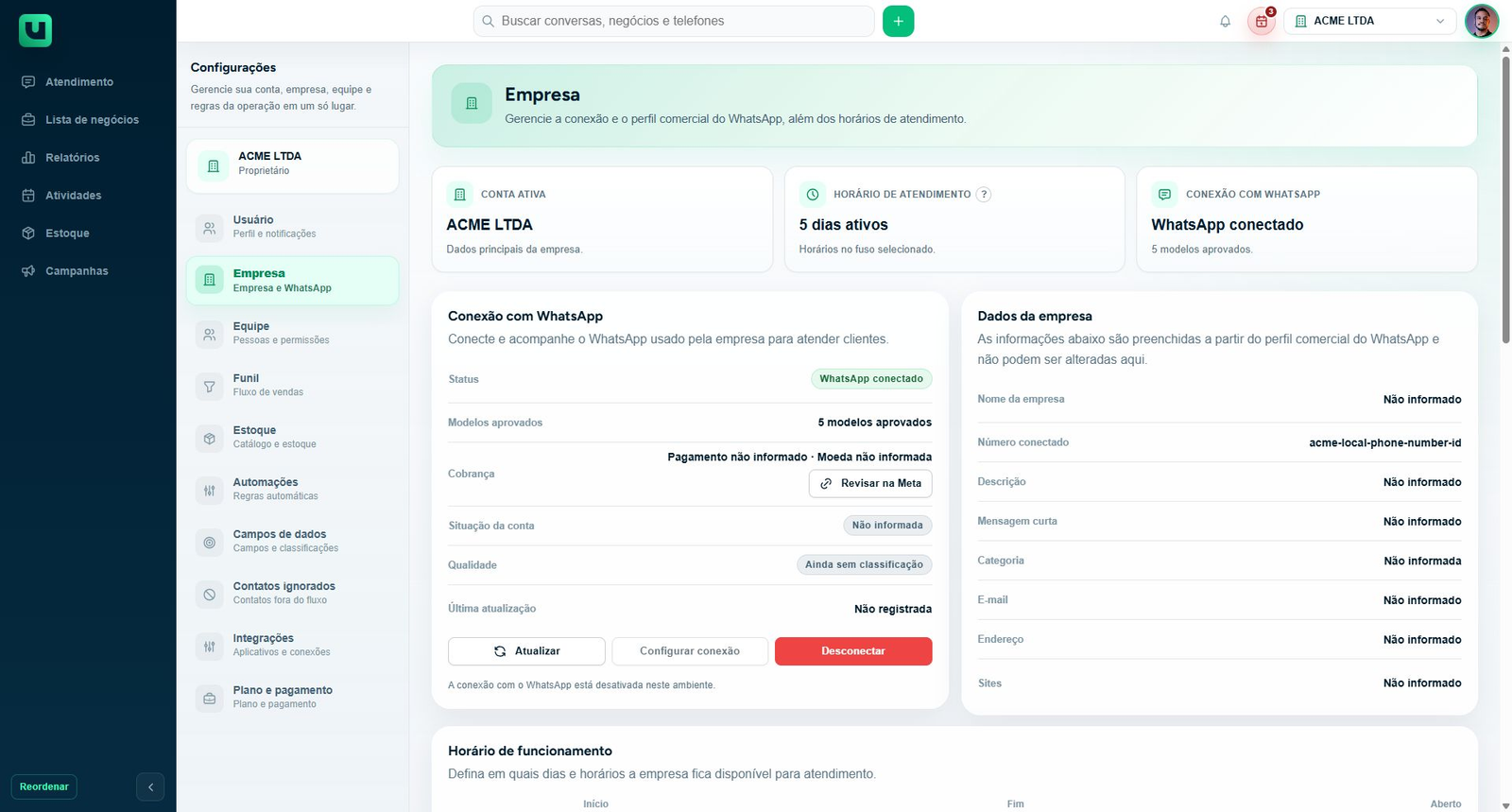 Seção Conexão com WhatsApp nas configurações da empresa