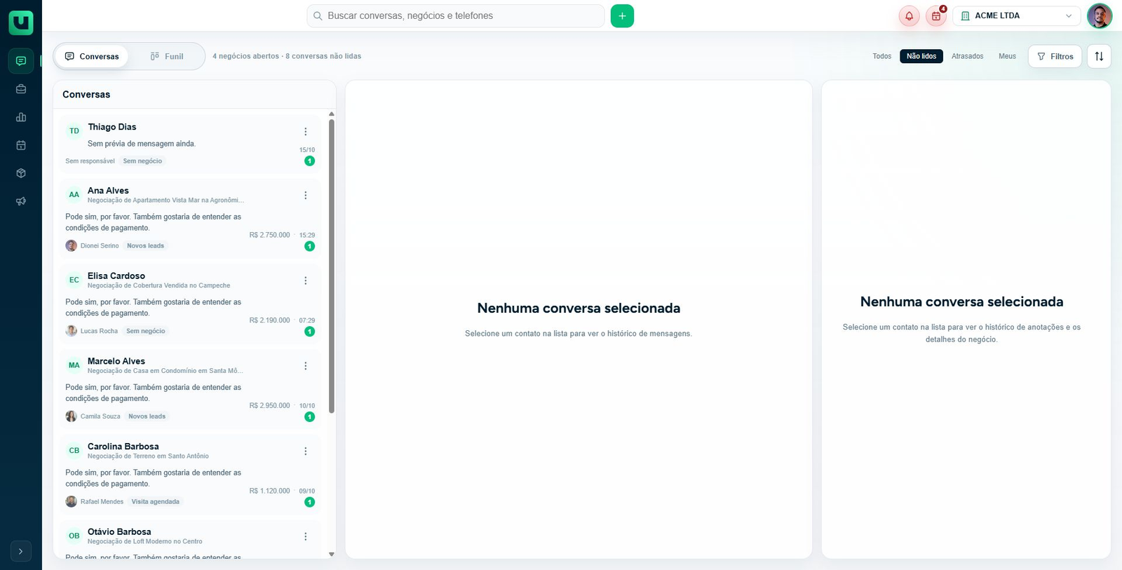 Tela do Meuats na conta Acme: O filtro de não lidas destaca conversas que a equipe ainda precisa conferir
