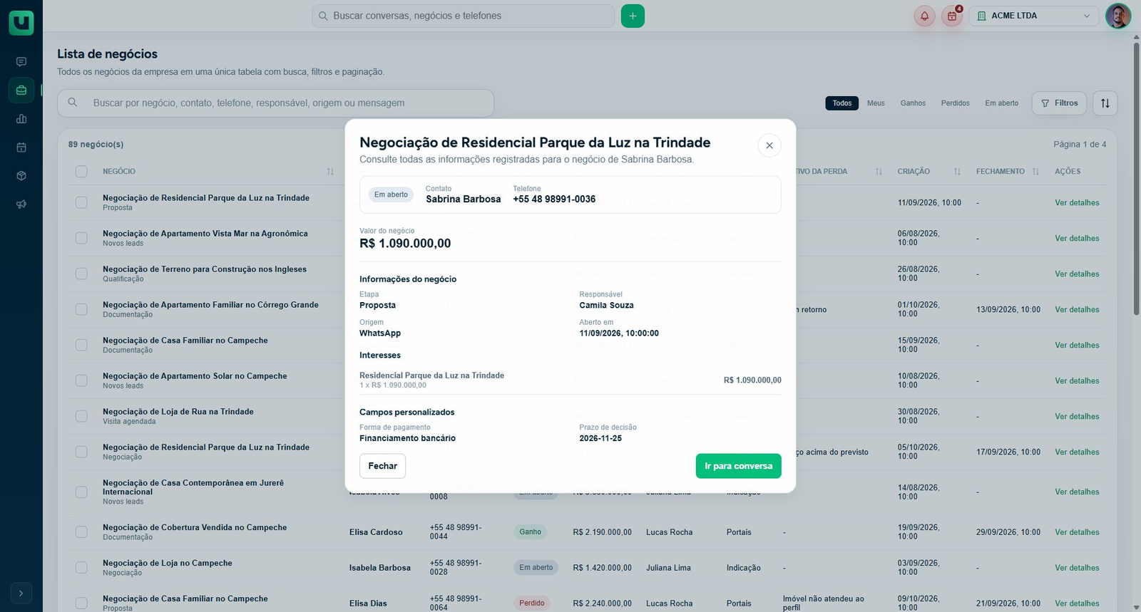 Tela do Meuats na conta Acme: O detalhe do negócio reúne etapa, responsável, origem, valor e outros dados da negociação