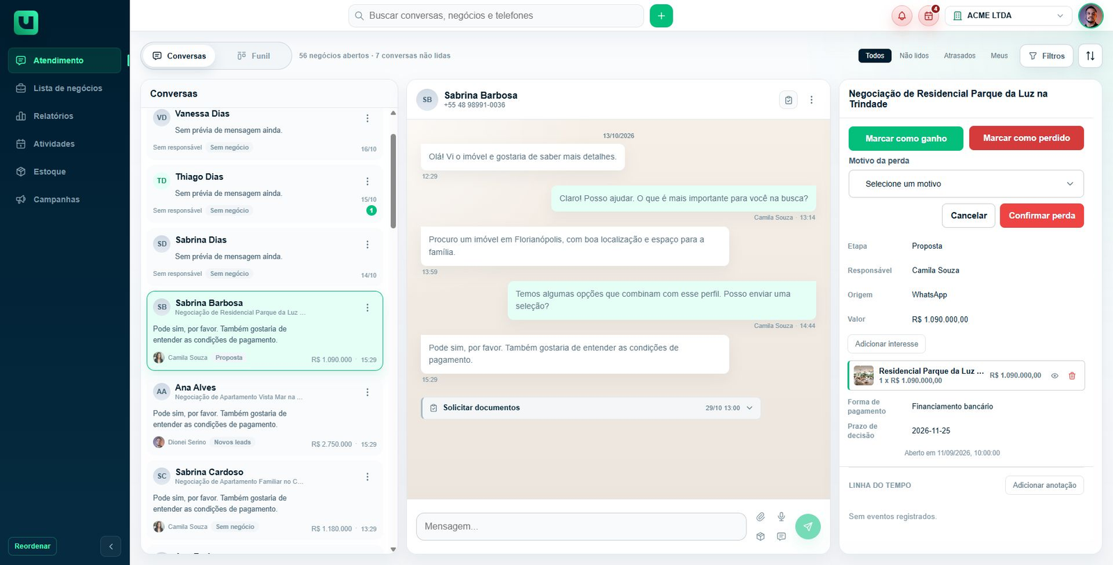Tela do Meuats na conta Acme: Ao marcar um negócio como perdido, a equipe informa o motivo do encerramento