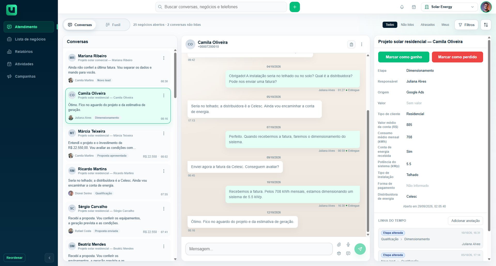 Lista de conversas da Solar Energy, com clientes, responsáveis e etapas de projetos solares.
