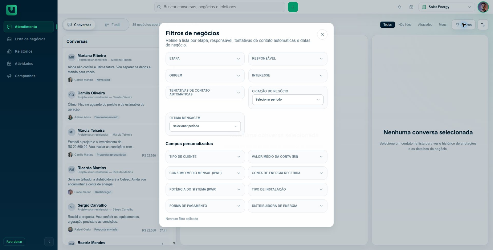 Filtros do Atendimento da Solar Energy para selecionar conversas e negócios.
