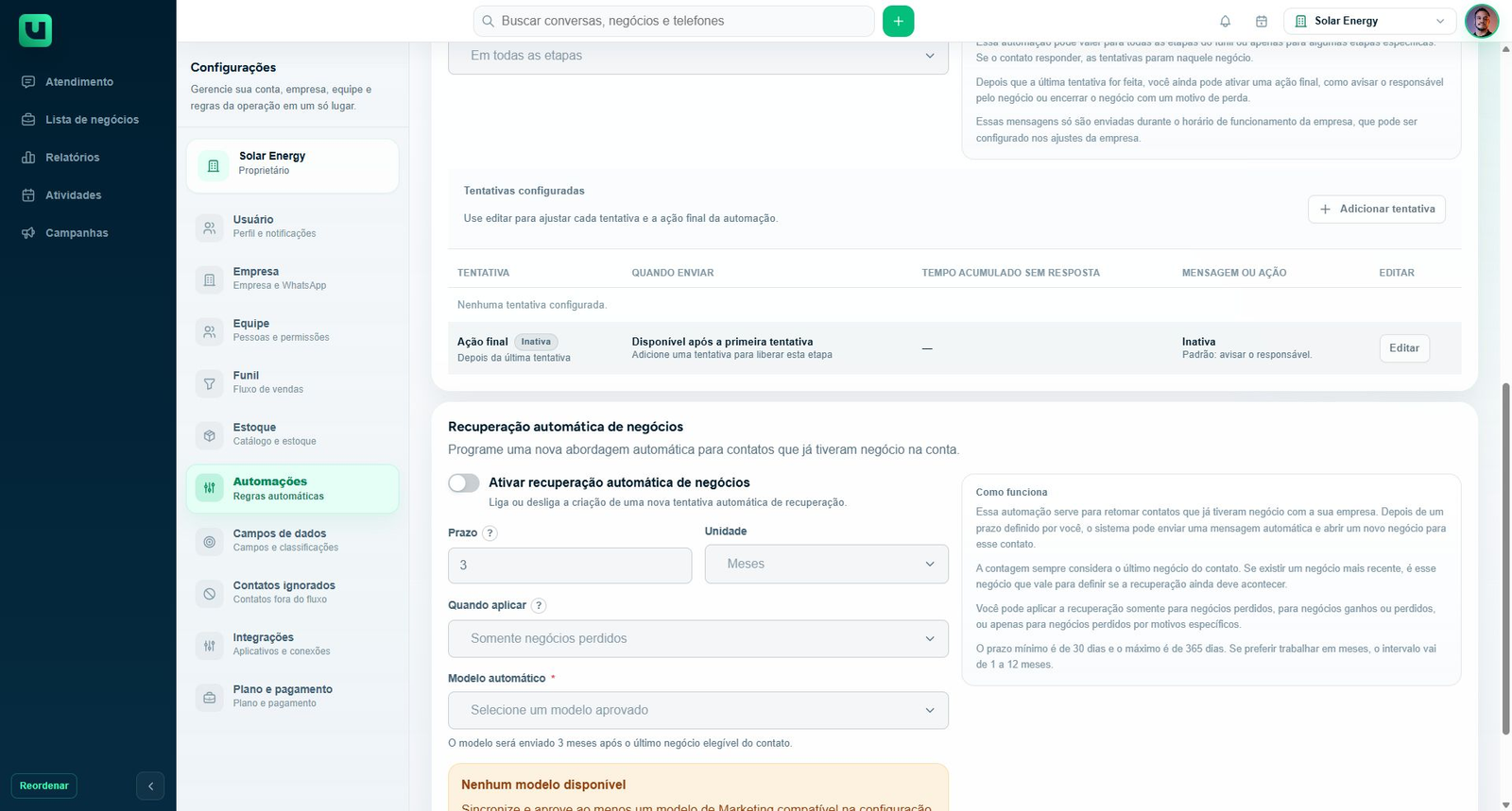 Configuração de recuperação automática de negócios da Solar Energy, atualmente desligada.