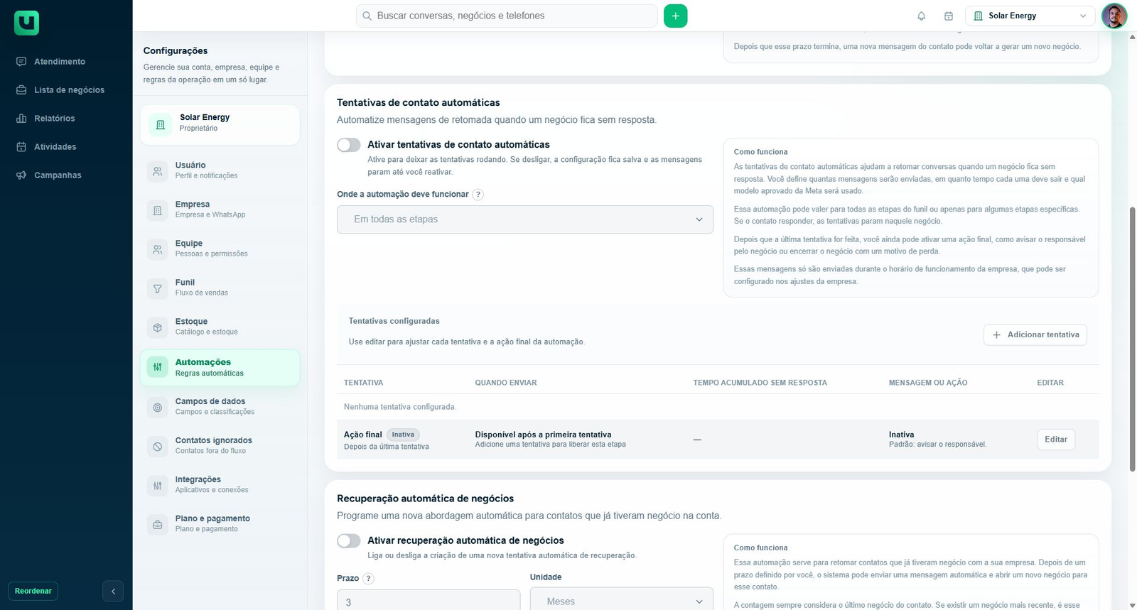 Configuração de tentativas de contato automáticas da Solar Energy, atualmente desligadas.