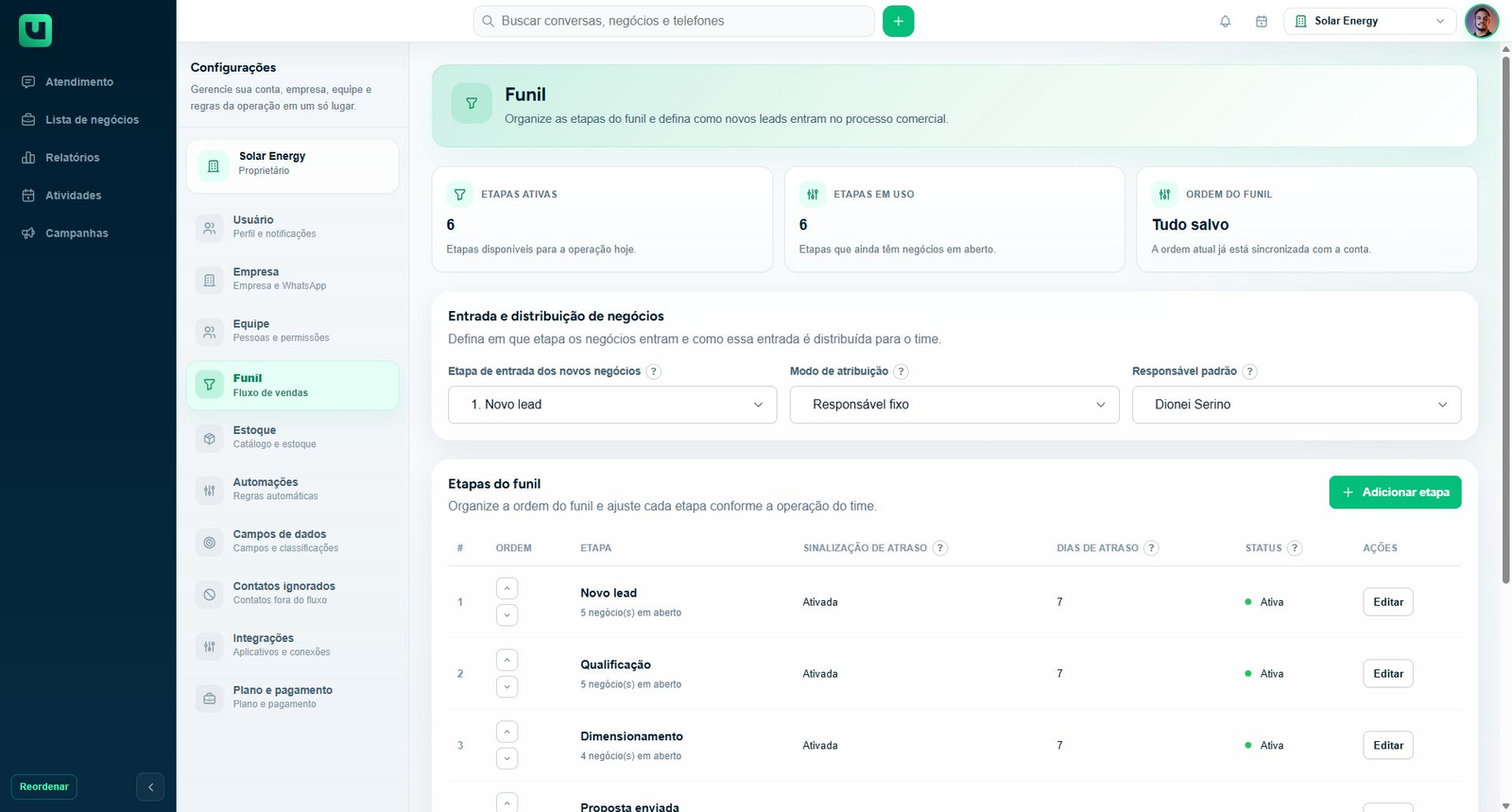 Configuração do funil da Solar Energy com etapa de entrada, atribuição e etapas ativas.