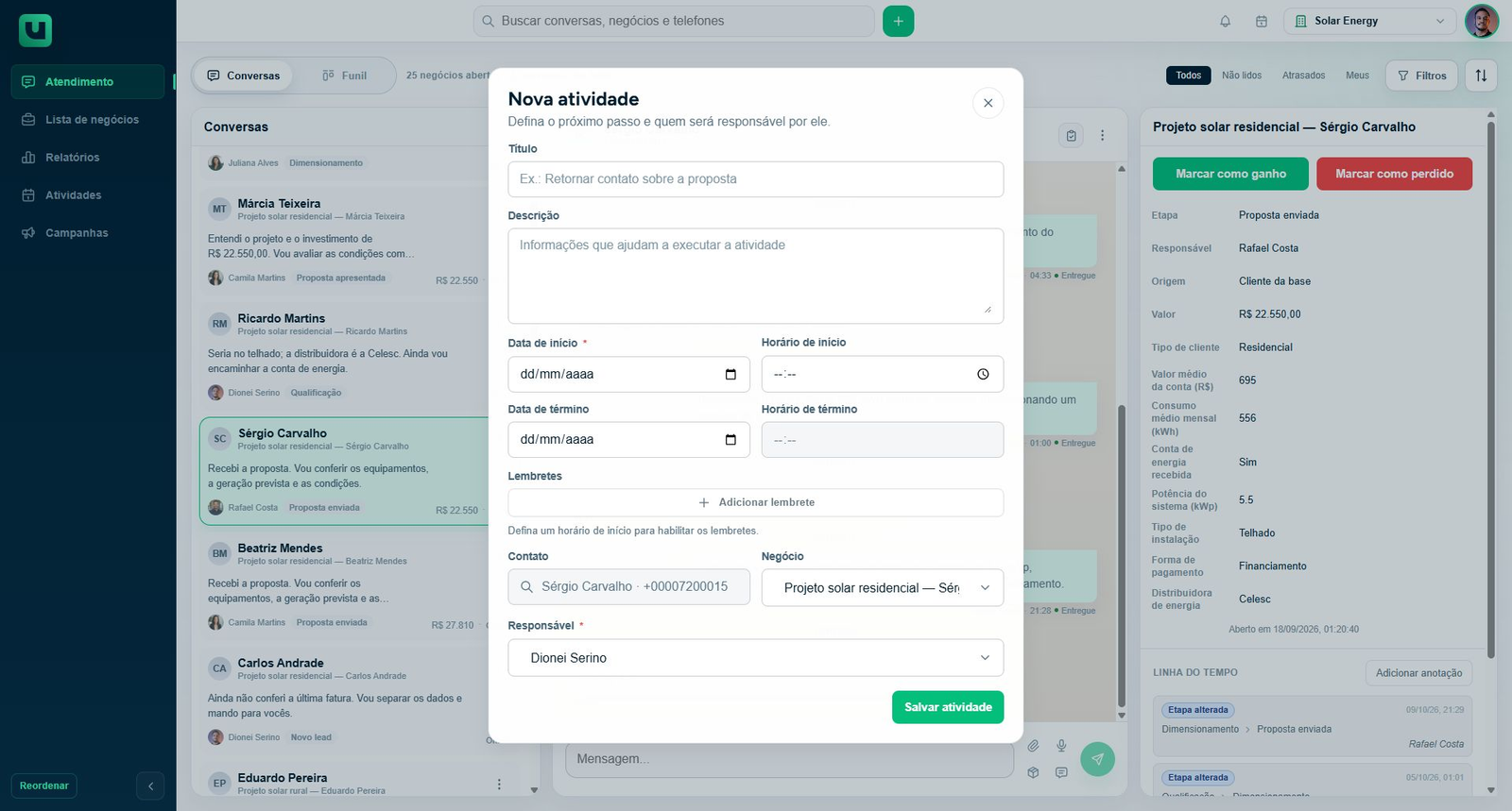 Formulário Nova atividade do meuats, com título, prazo, contato, negócio e responsável.