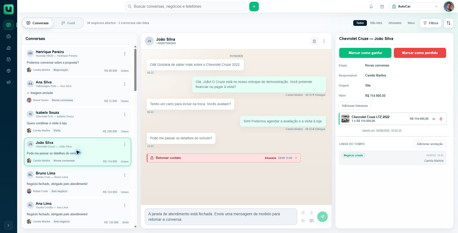 Tela do Meuats na conta AutoCar mostrando conversa e negócio no atendimento