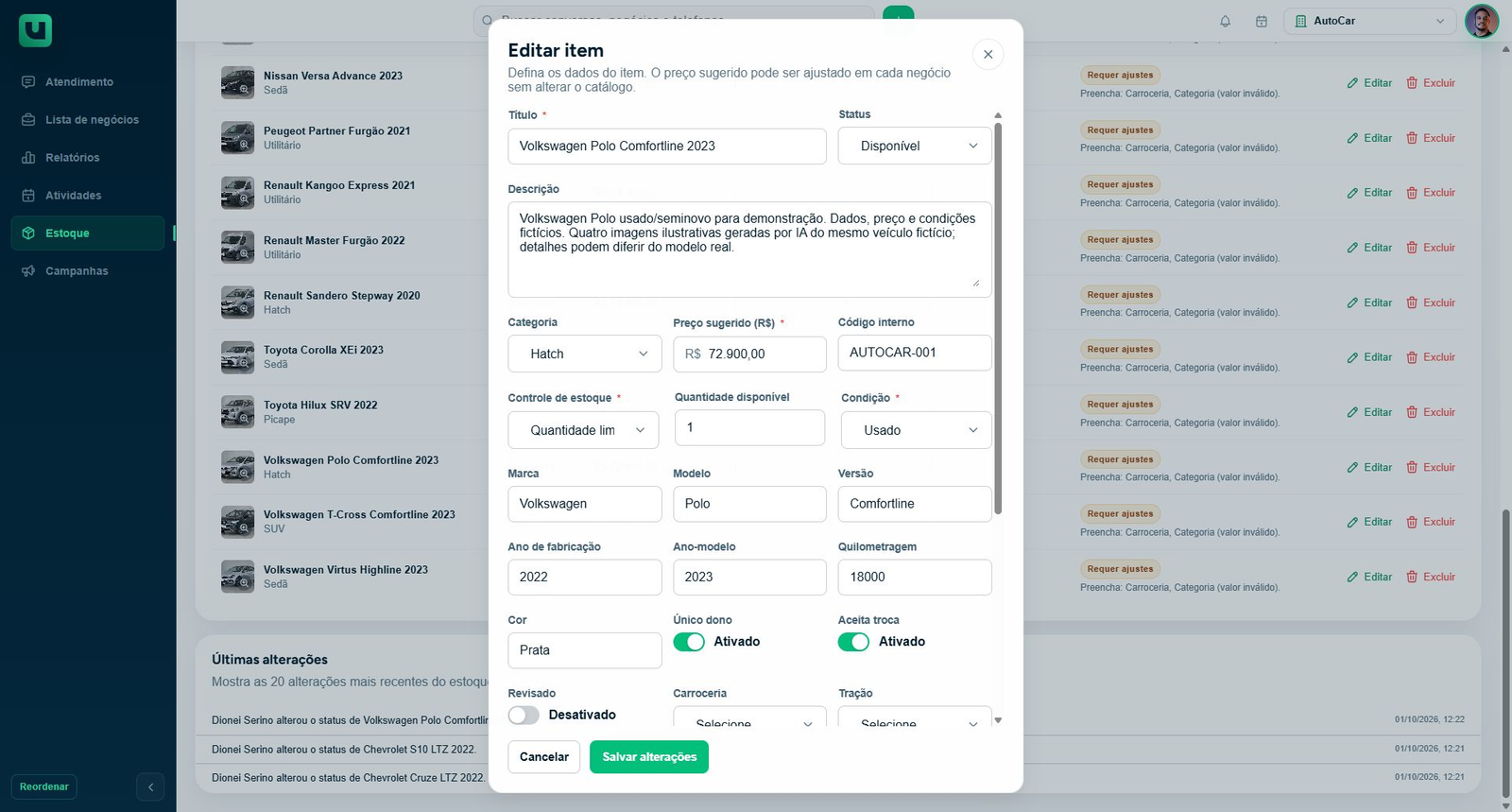 Tela do Meuats na conta AutoCar mostrando cadastro do veículo