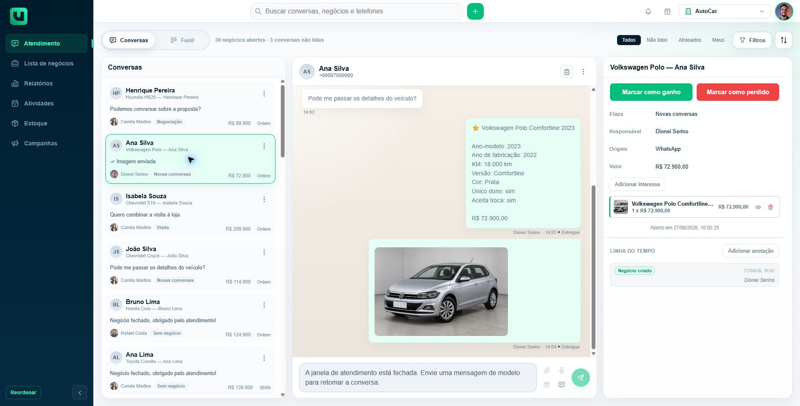 Conversa da AutoCar com foto e detalhes de um Volkswagen Polo já enviados.