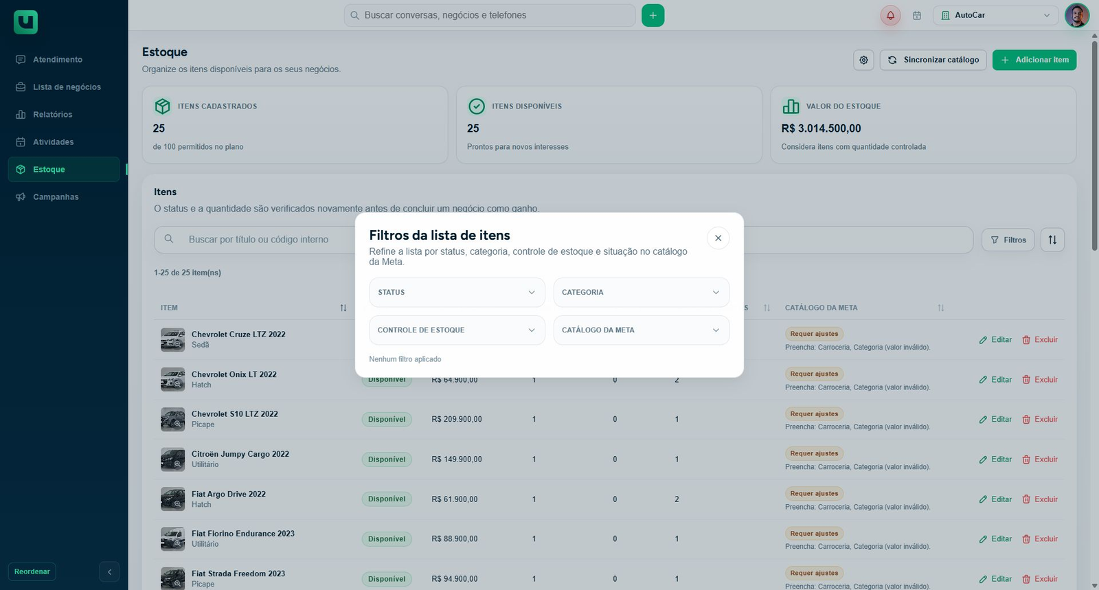 Filtros da lista de itens da AutoCar por status, categoria, controle e catálogo da Meta.